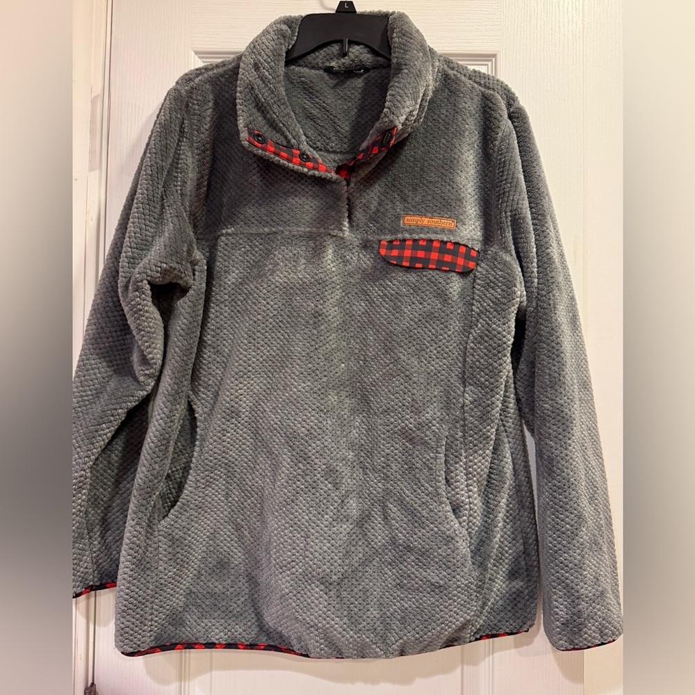 Simply Southern Snap Pullover Fuzzy Fleece Gray Women L
